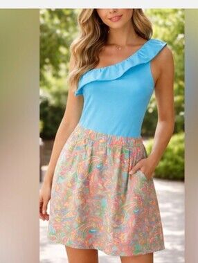 Lilly Pulitzer Aqua One-Shoulder Ruffle Dress with Pastel Paisley Skirt